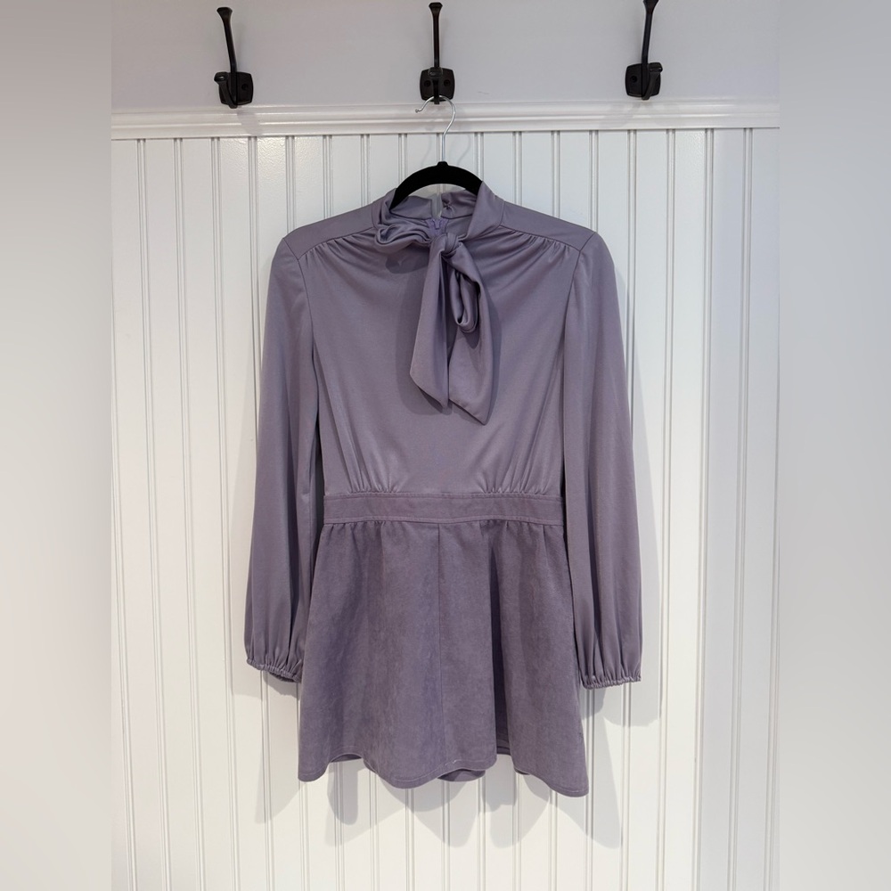Purple Puff Sleeve Mini Dress with Tie Front